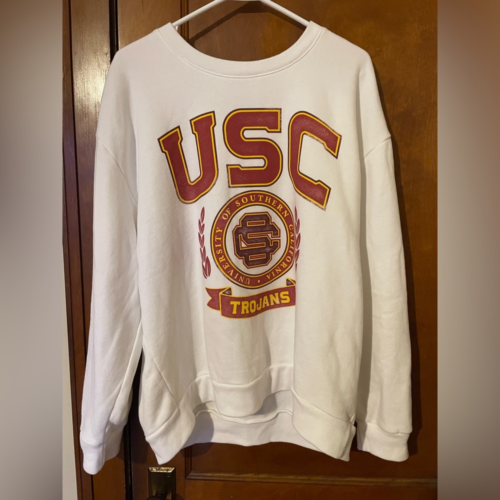 Hollister White USC Trojans Crewneck Sweatshirt with Cardinal & Gold Logo
